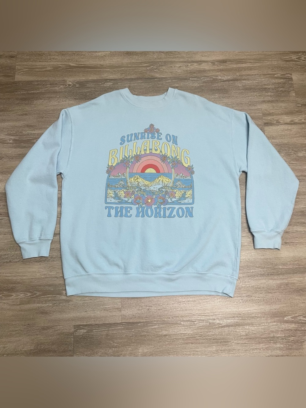 Billabong Retro Sunrise On The Horizon Graphic Fleece Sweatshirt Blue Crew Sz L